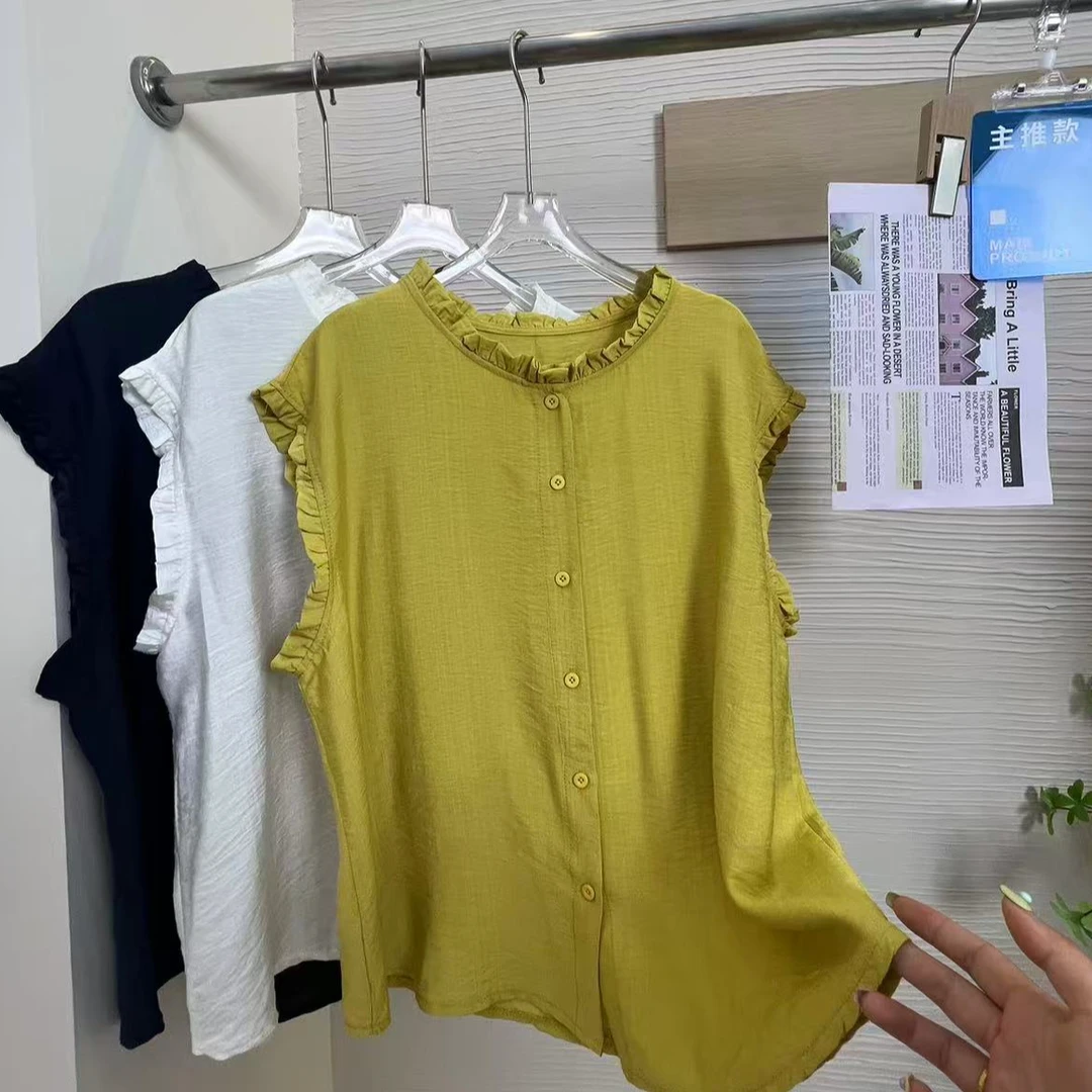 PDM-8505荷叶边常规纯色木耳边夏季衬衫大码休闲赫本风上衣