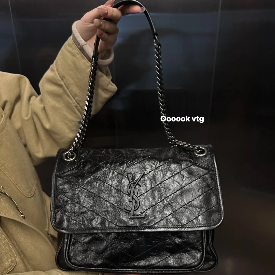 95新 YSL/圣罗兰 CS7097 YSL圣罗兰 Niki黑色银链单肩包