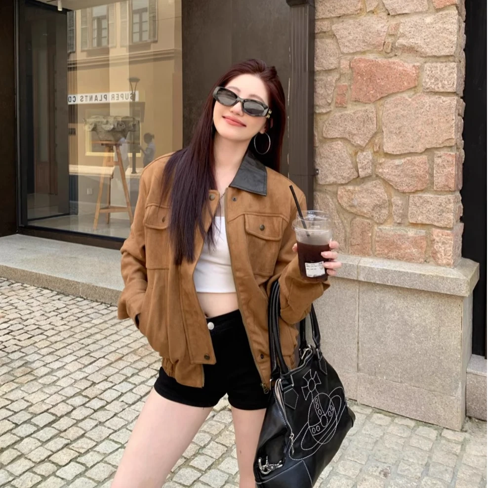 高级感复古撞色鹿皮绒长袖外套女装秋季气质翻领夹克上衣