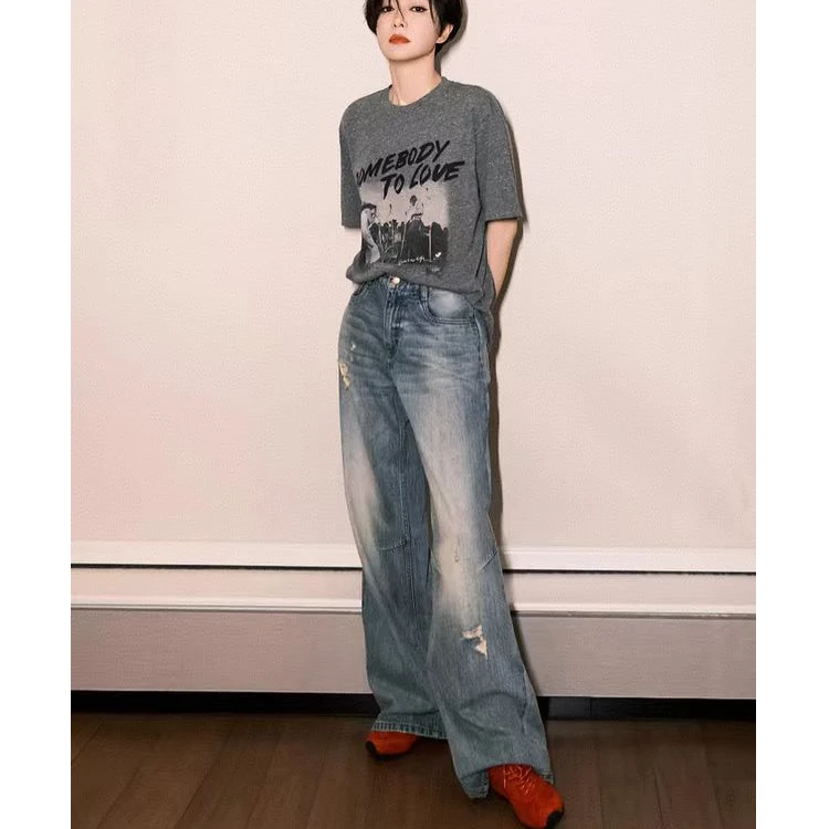 401【明星同款】牛仔裤2025春新品棉质中腰洗水烂边