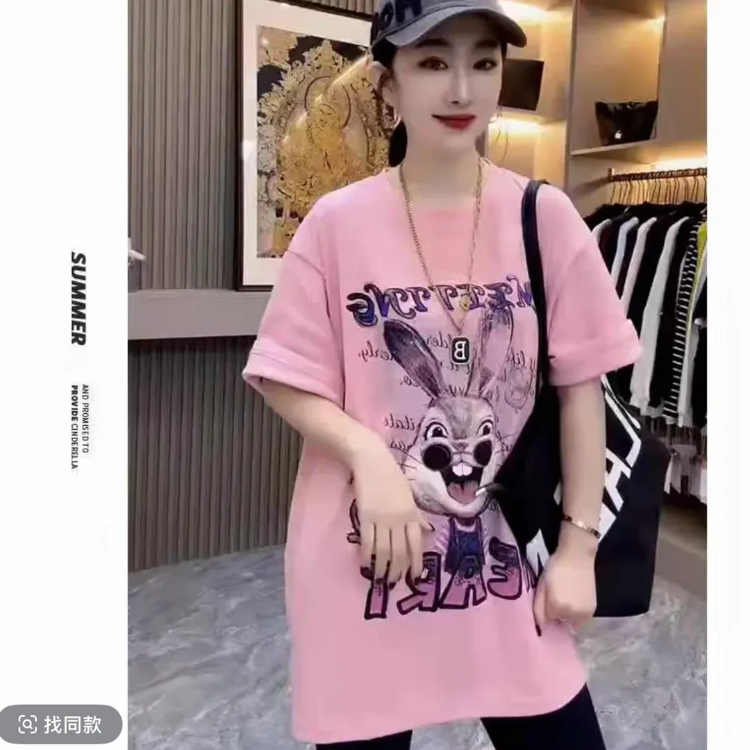 短袖t恤女秋冬新款韩版圆领重工卡通兔子宽松显瘦中长款休闲上衣
