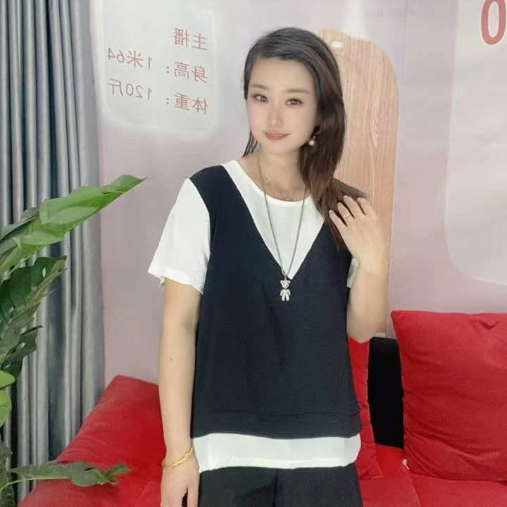 夏季新款假两件短袖T恤衫拼接百搭减龄撞色衬衫马甲上衣