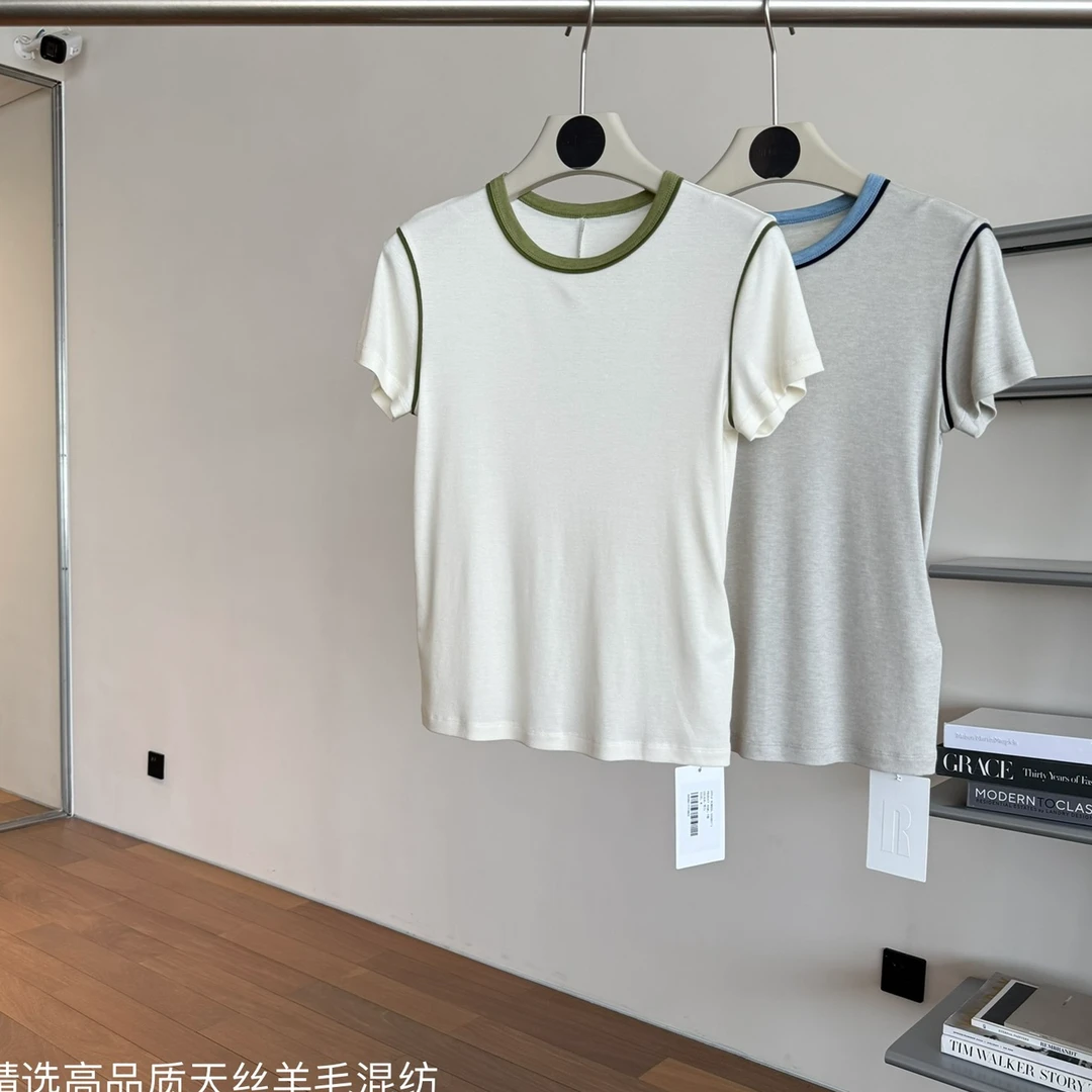 【VIINS】SOI 简约百搭撞色圆领短袖T恤女 修身上衣6171