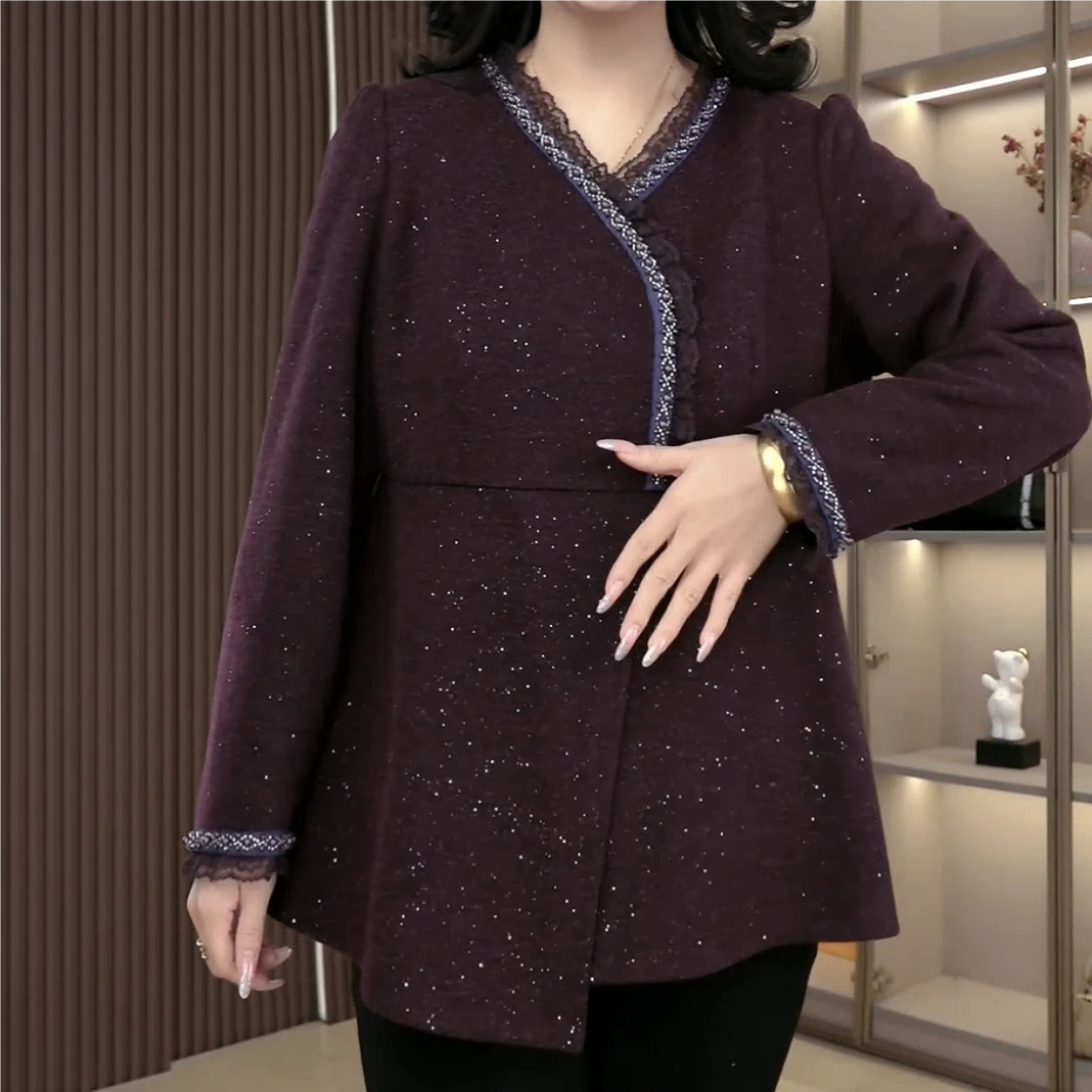 大码女装冬季新款V领休闲百搭显瘦遮肉中式上衣ZSX25A0528