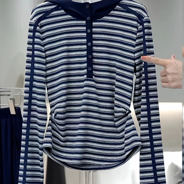 条纹长袖连帽t恤女秋季内搭打底衫2025新款大码收腰胖mm显瘦上衣