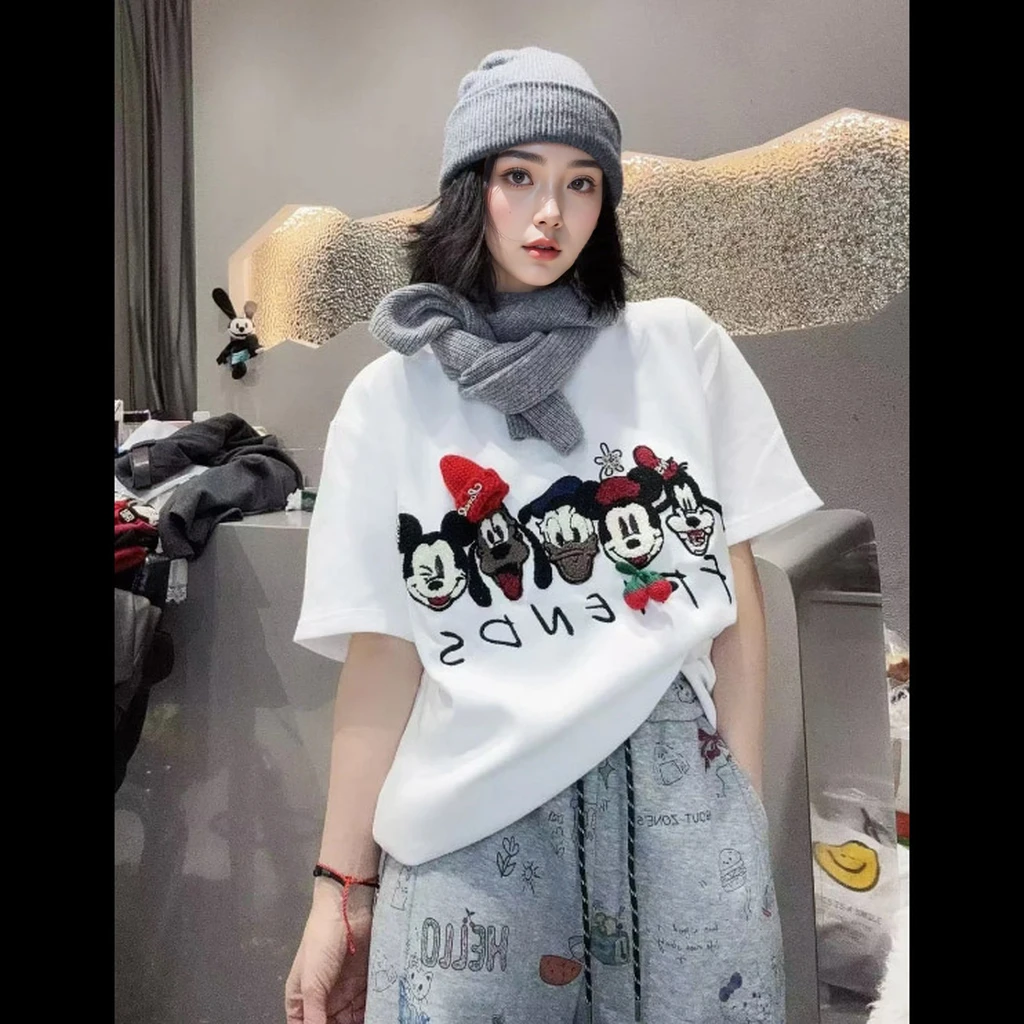 【小红帽】高端卡通米奇重工刺绣印花宽松短袖T恤.Y734