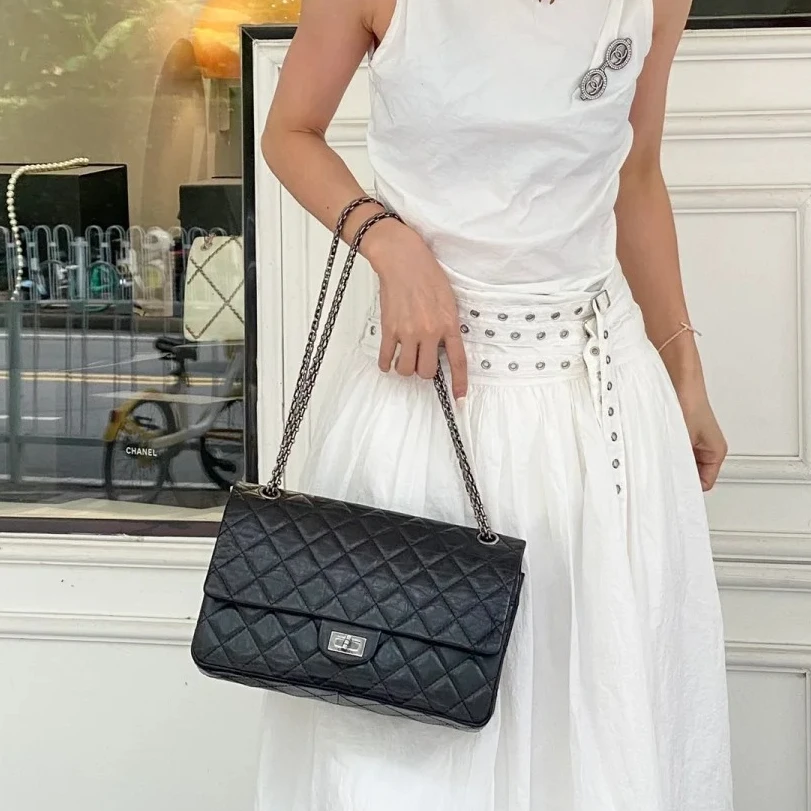 95新 Chanel/香奈儿 小花Jerry2.55 口盖包 大号 28cm 黑色19开