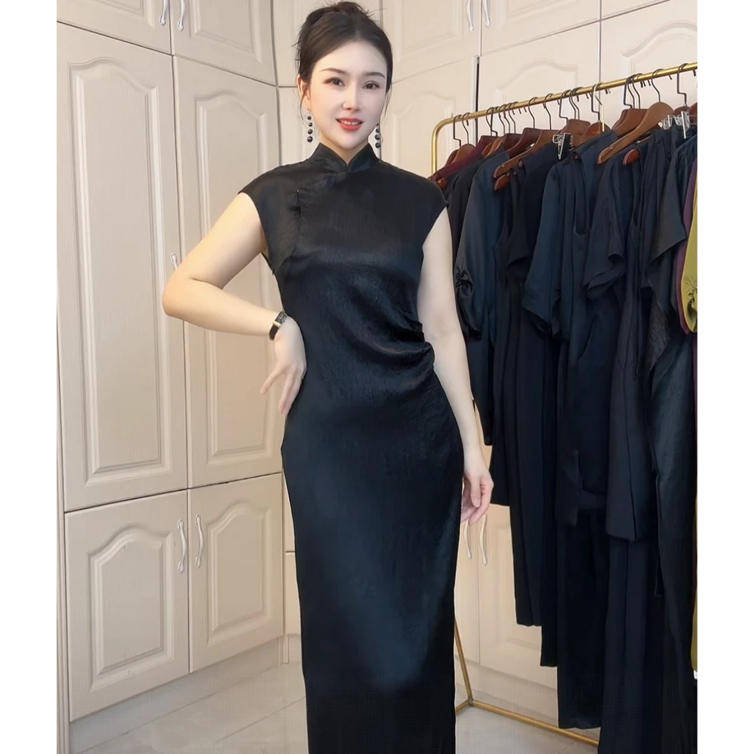 新中式旗袍夏季新款高端气质醋酸国风黑色修身连衣裙子女2478