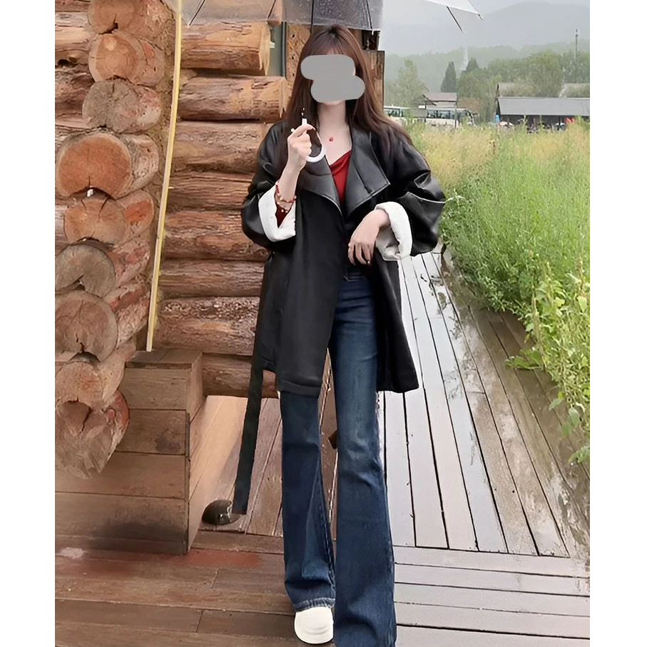 黑色翻领皮衣外套女2025新款秋冬季时尚高级感绑带收腰中长款夹克