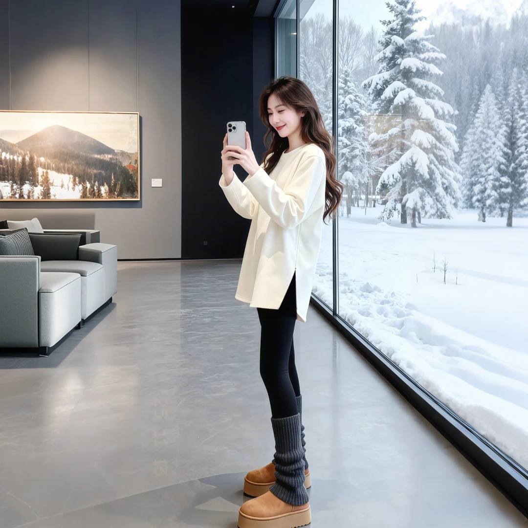 白色中长款德绒打底衫女秋冬季宽松叠穿内搭遮屁股配鲨鱼裤的上衣