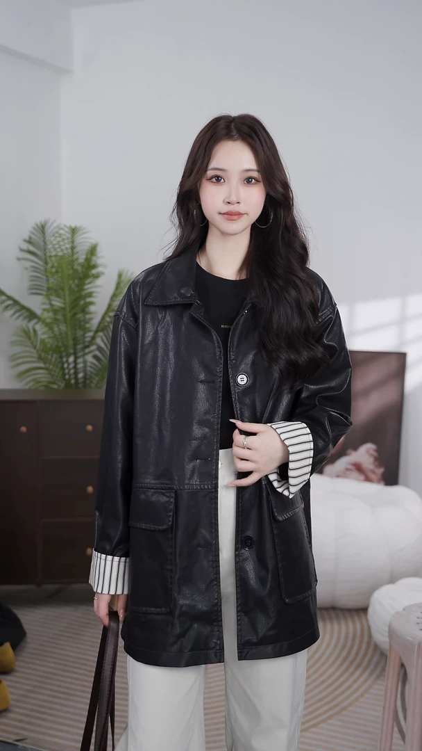 袖口条纹新款皮衣外套女款大码女装网红款女士皮衣外套2507