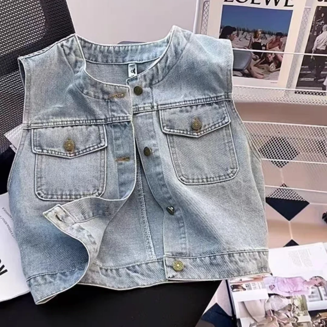 春秋新款牛仔马甲女韩版宽松圆领小个子短款无袖外搭上衣坎肩马夹
