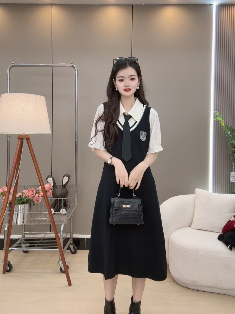 大码女装假两件学院风连衣裙女2025新款夏季胖mm遮肚显瘦裙子长裙