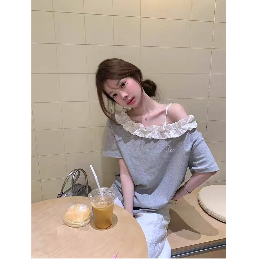 【UBKA】灰色花边斜肩短袖t恤女新款夏季设计感显瘦辣妹一字肩上衣