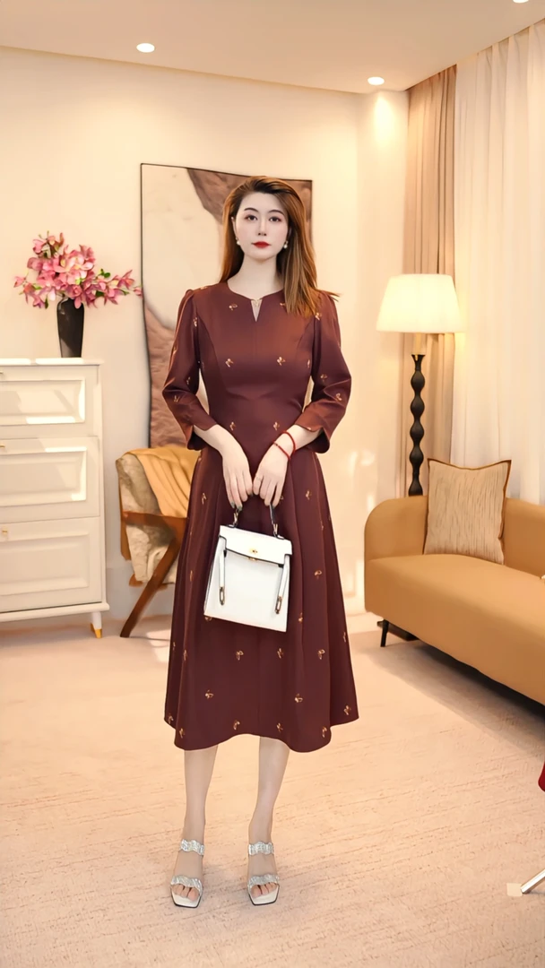 显身材秋季A字裙长袖长裙连衣裙拼接裙子轻奢 86049