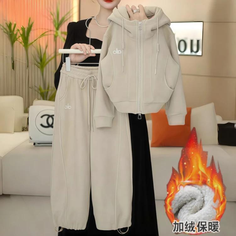 【现货】女童套装2025秋冬季新款加绒加厚糯米绒外套运动长裤两件套