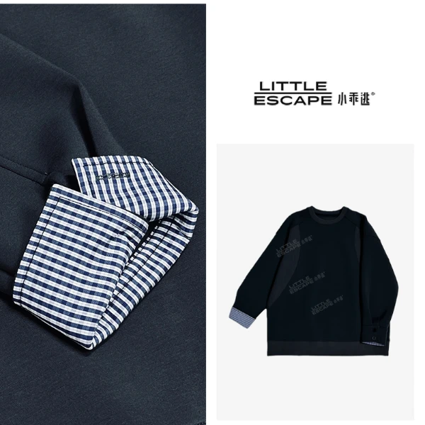 小乖逃休闲时尚灰色卫衣格子二袖刀百搭保暖款N95313