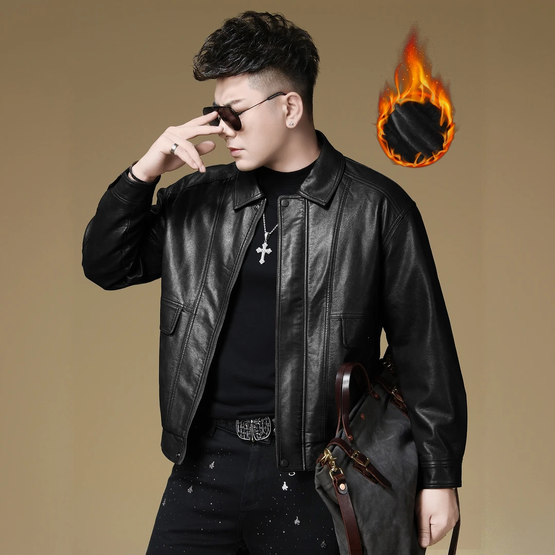 内米霍切高端男士翻领皮夹克加绒保暖秋新款潮牌时尚痞帅防风外套