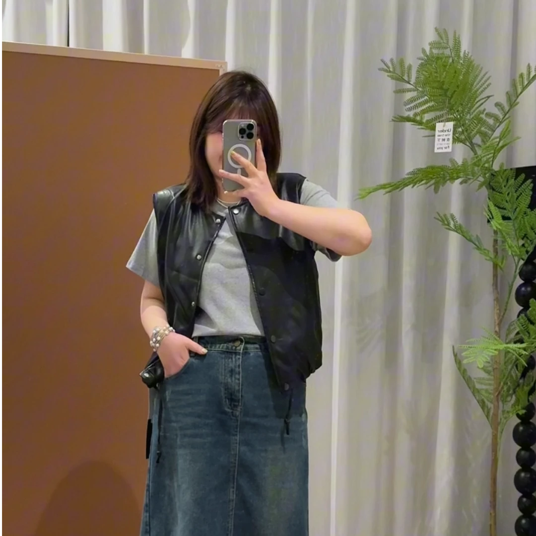 大码胖妹妹春季新款显瘦遮胸韩版气质百搭蛋白软皮PU皮马夹