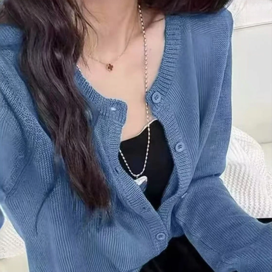 LB【运费补贴】和纸纱宝蓝色长袖防晒针织开衫女2025春夏质上衣