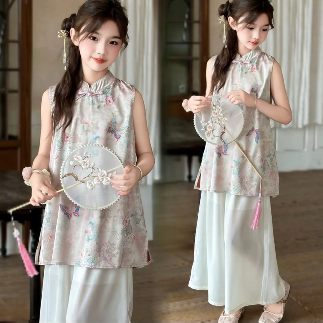 女童新中式国风套装2025新款彩色印花无袖上衣高腰阔腿裤两件套