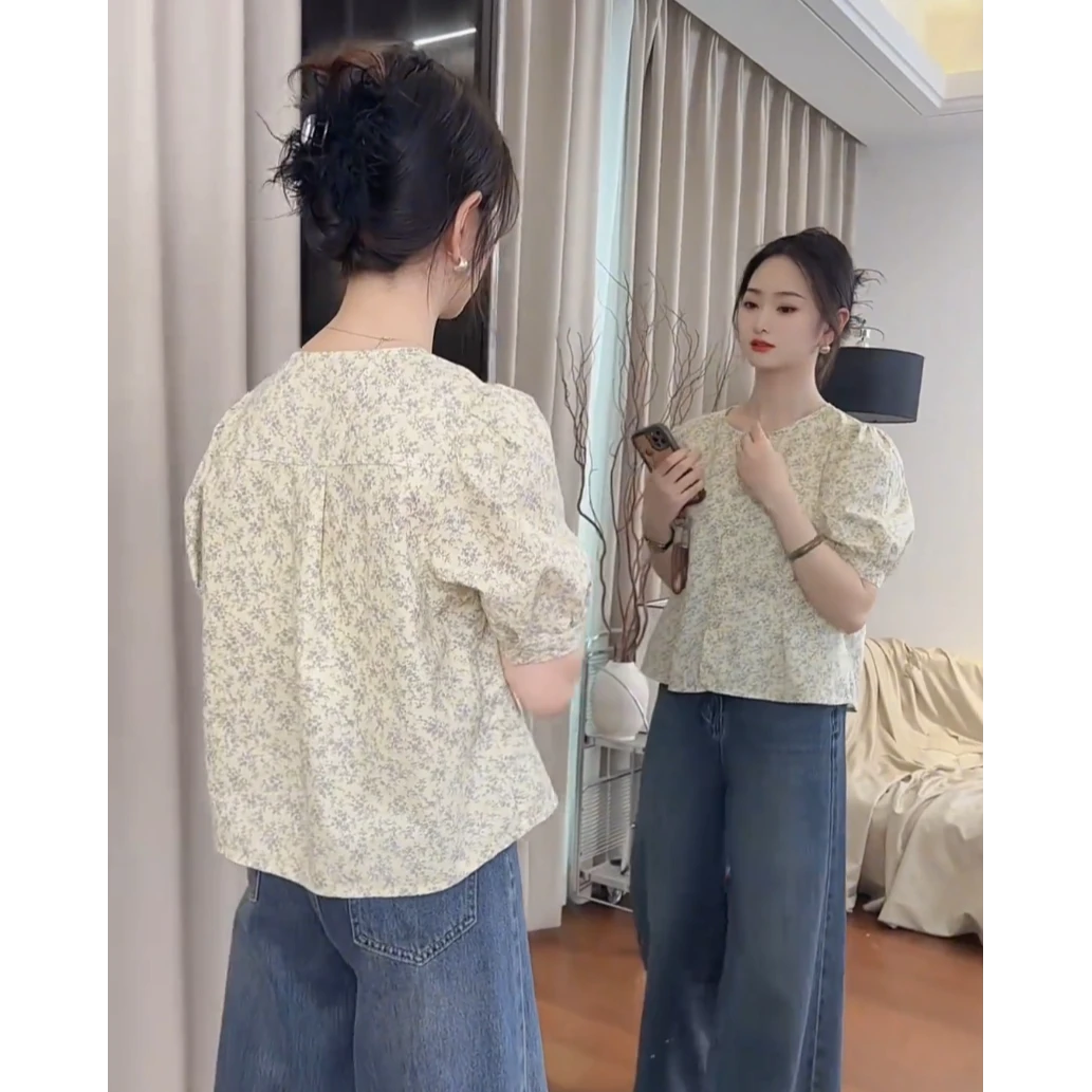 2025夏季新款设计感碎花短袖衬衫女装宽松显瘦气质减龄薄款小衫