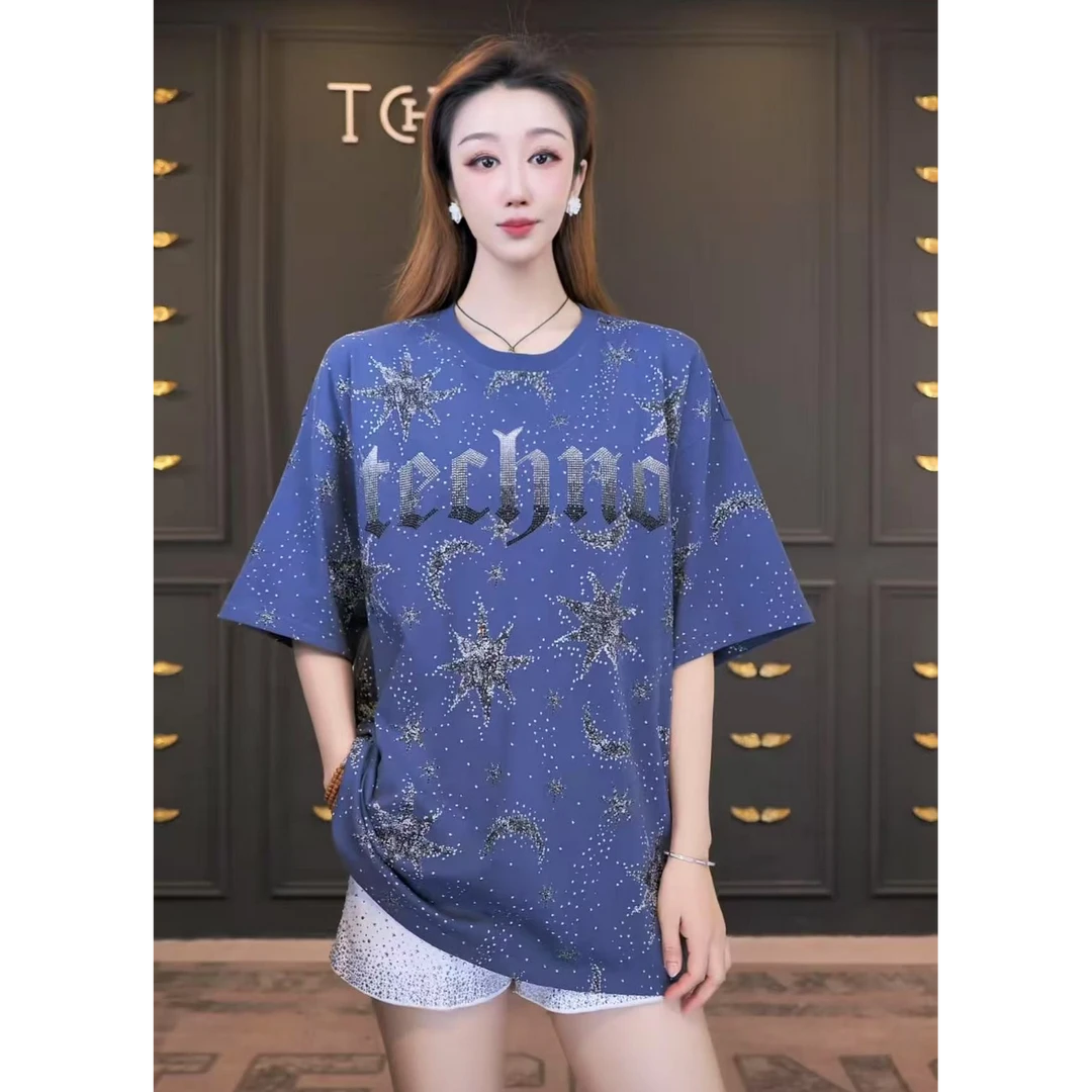 TCH轻奢烫钻工艺时尚休闲重工百搭舒适T恤夏季宽松T75B10E9019tch