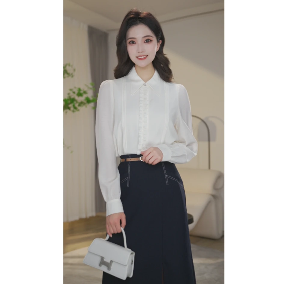 【婷婷甄选】欧若风衬衫女长袖2025新款8591333白色法式气质衬衣