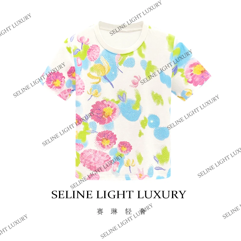 【25C-080】七  2025 SELINE 原创清新水彩雏菊百搭圆领短袖T恤