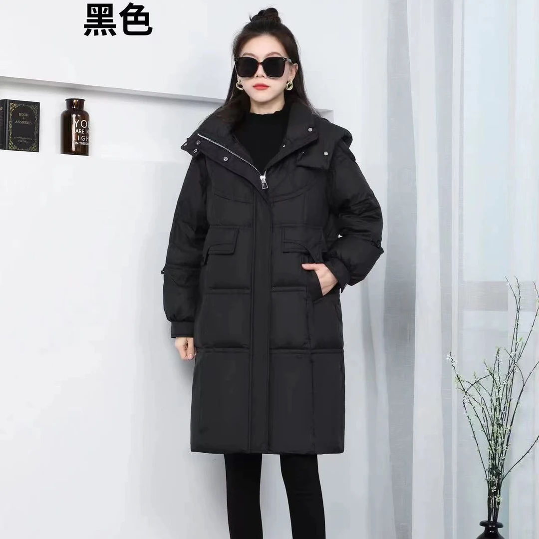 599白鸭绒羽绒服女中长款冬季新款韩版加厚保暖连帽时尚百搭外套