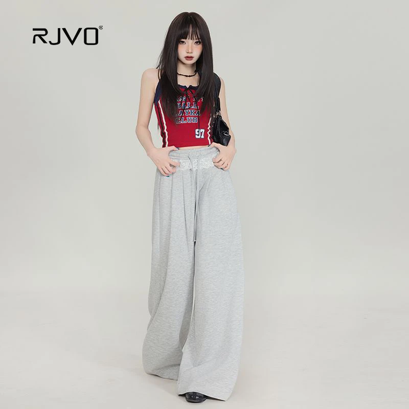 RJVO气质蕾丝花边拼接松紧腰长裤高级垂感抽绳慵懒休闲卫裤