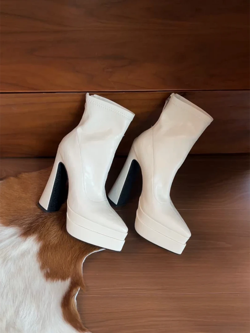 付小兮真皮尖头超高跟粗跟厚底短靴防水台小个子增高弹力靴瘦瘦靴