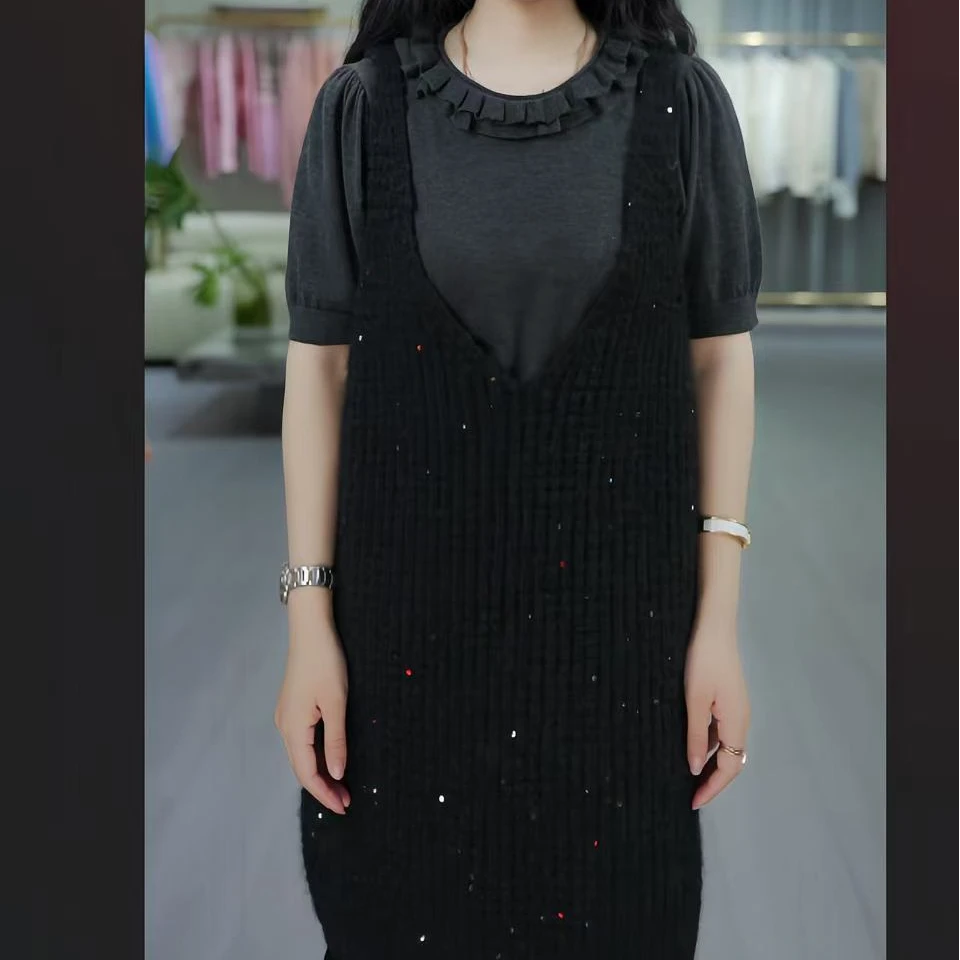 【徐才才】2025春季新款休闲时尚百搭吊带裙洋气黑色宽松针织