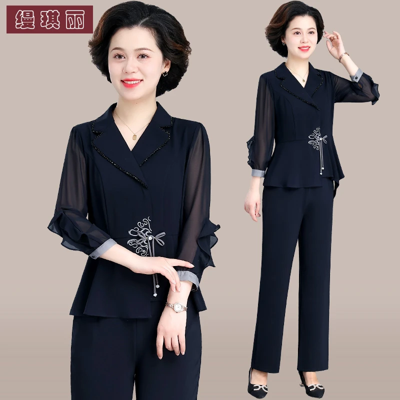 国风妈妈夏装2025新款套装气质中老年女夏季薄款雪纺衫上衣母亲节