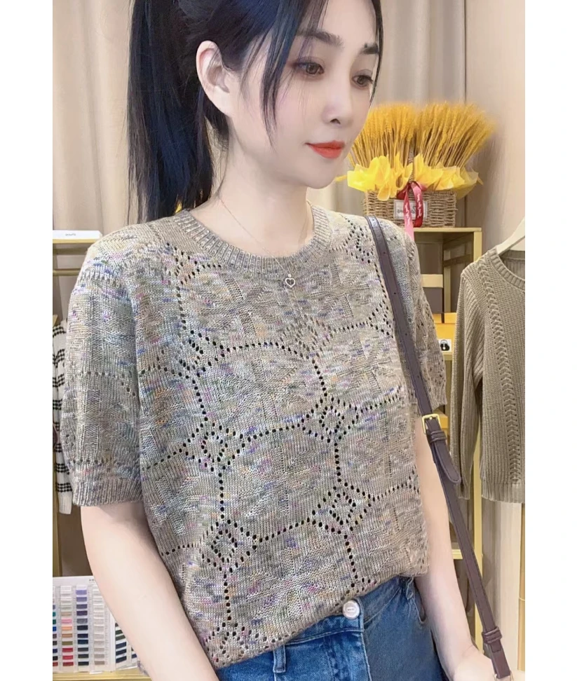 【幻彩星空】米字圆领短袖套头衫气质百搭宽松显瘦夏季针织上衣