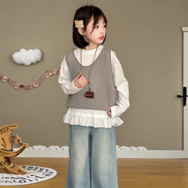 女童马甲套装春秋2025中大童时尚针织马甲打底衫女孩秋季阔腿裤