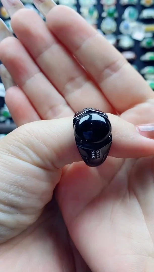 翡翠戒指银S925镶嵌保****统天然翡翠A货男戒