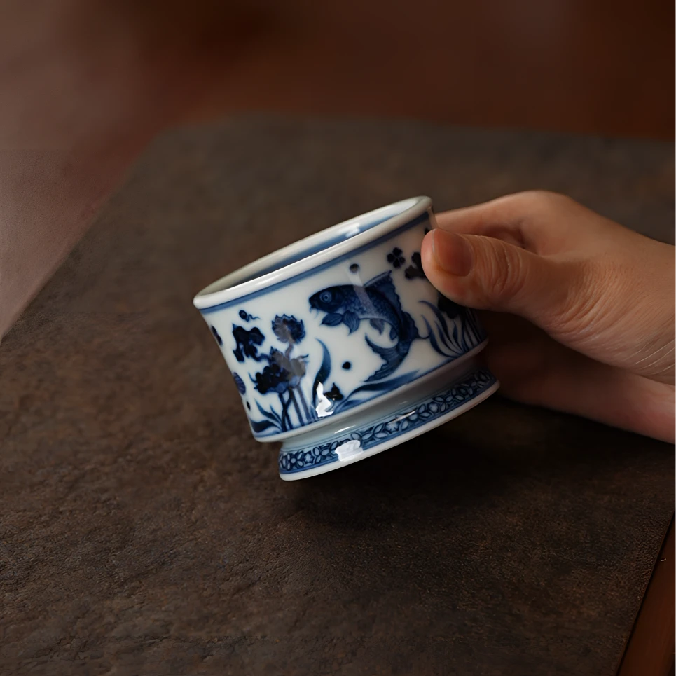 记石柴窑青花鱼藻直筒杯120ml