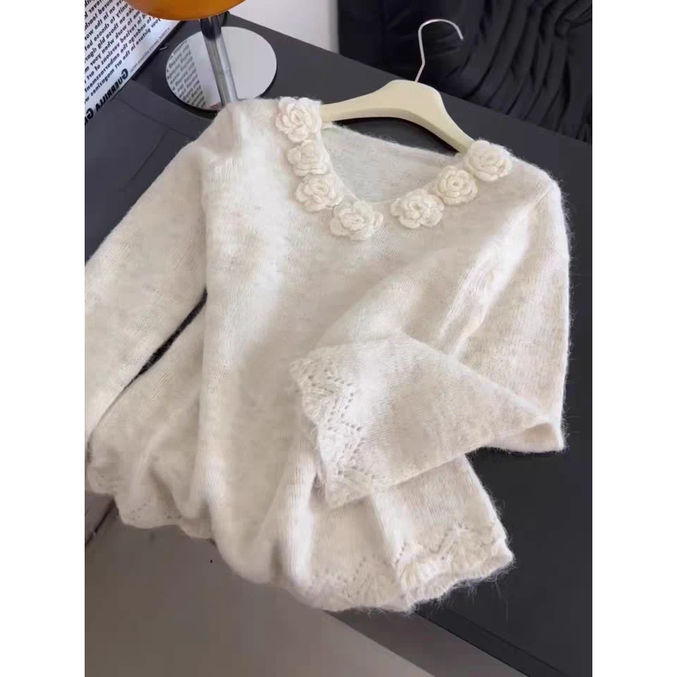 美爆了！巨喜欢这件！欧货高级感钩花针织衫女毛衣秋季软糯慵懒上衣