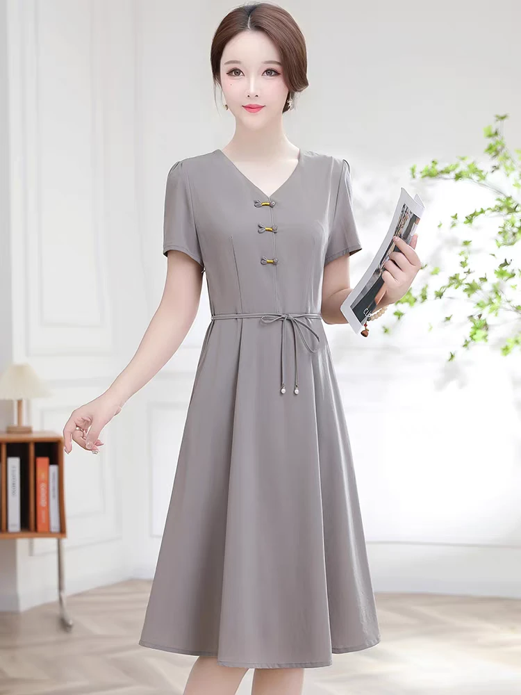 夏季中年女士短袖连衣裙夏季收腰女中长款裙修身女裙遮肚韩版长裙