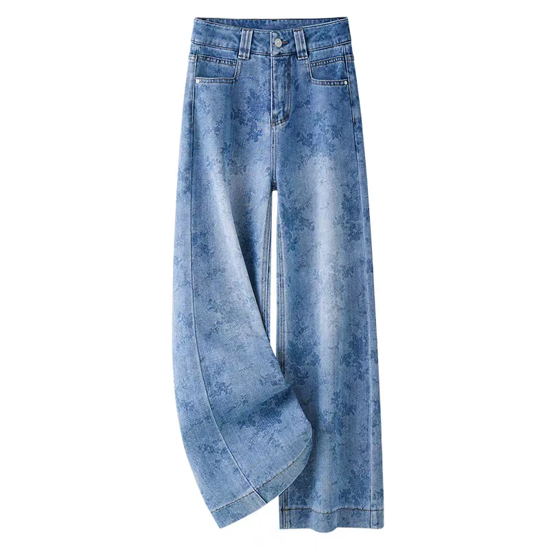 扎染印花牛仔阔腿裤女2025新款春季流行新款高腰显瘦垂感直筒裤子