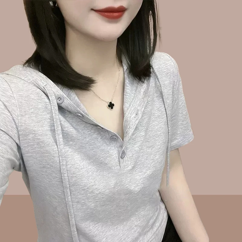 纯棉连帽短袖t恤女士2025夏季新款洋气小衫短款上衣休闲胖mm女装