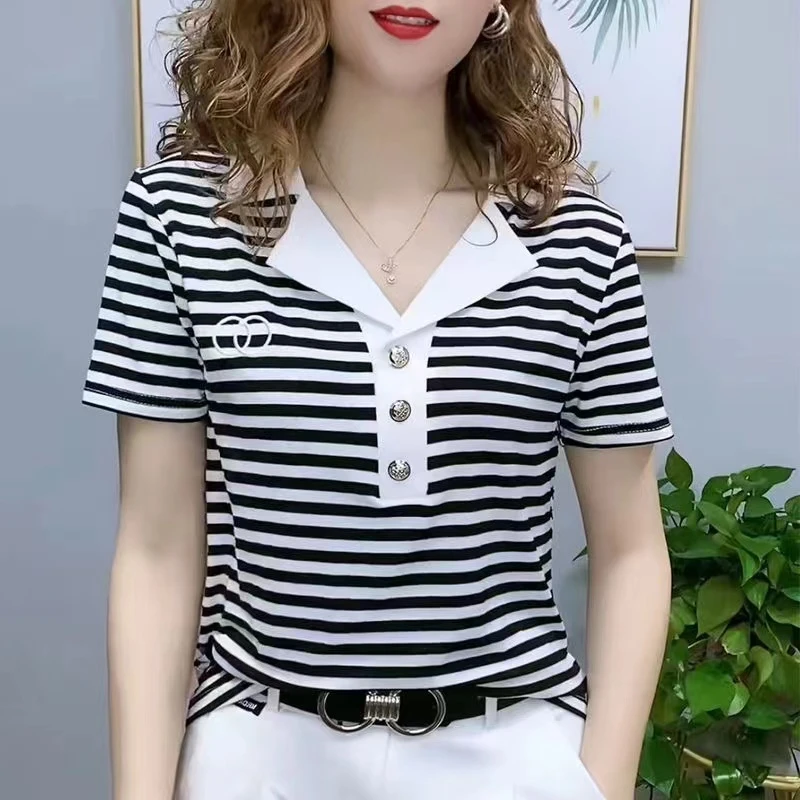 夏季短袖t恤女士条纹西装领上衣洋气时尚百搭减龄妈妈小衫