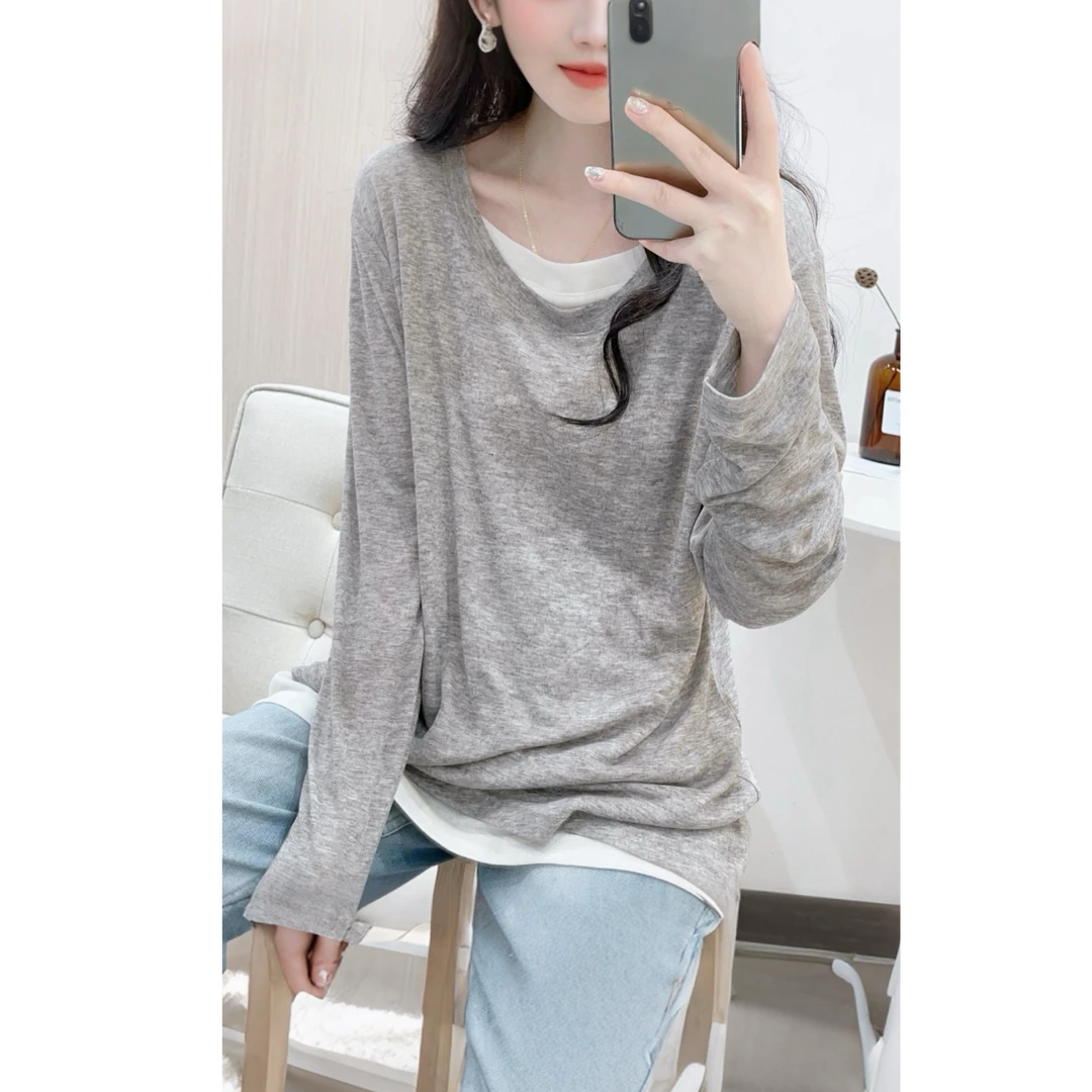 灰色假两件拼接t恤女秋季圆领设计感不规则垂感休闲长袖洋气上衣