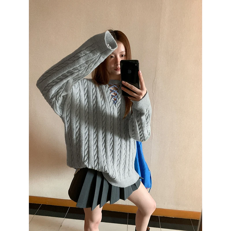 【晰雨清仓】秋冬美式撞色镂空绑带设计感宽松毛衣LH4186