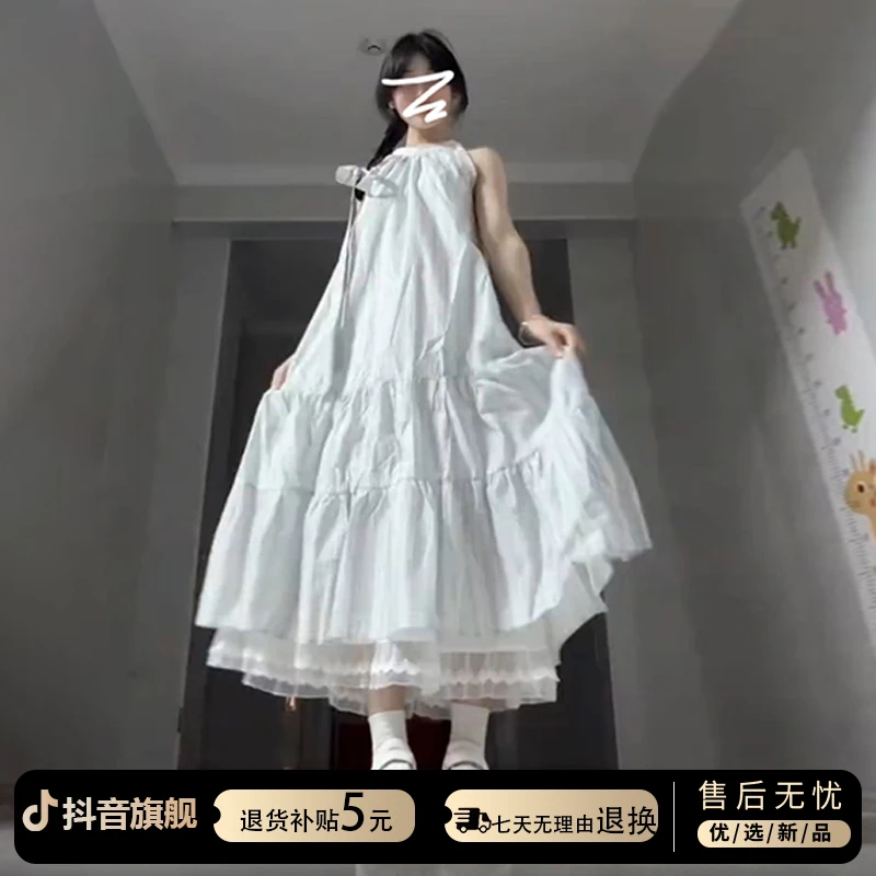 法式蓝色挂脖吊带连衣裙子女夏季2025新款小个子海边度假气质长裙