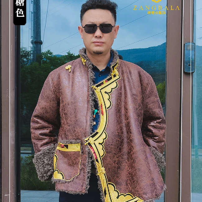 藏吧啦男士高档贴绣复合皮棉衣