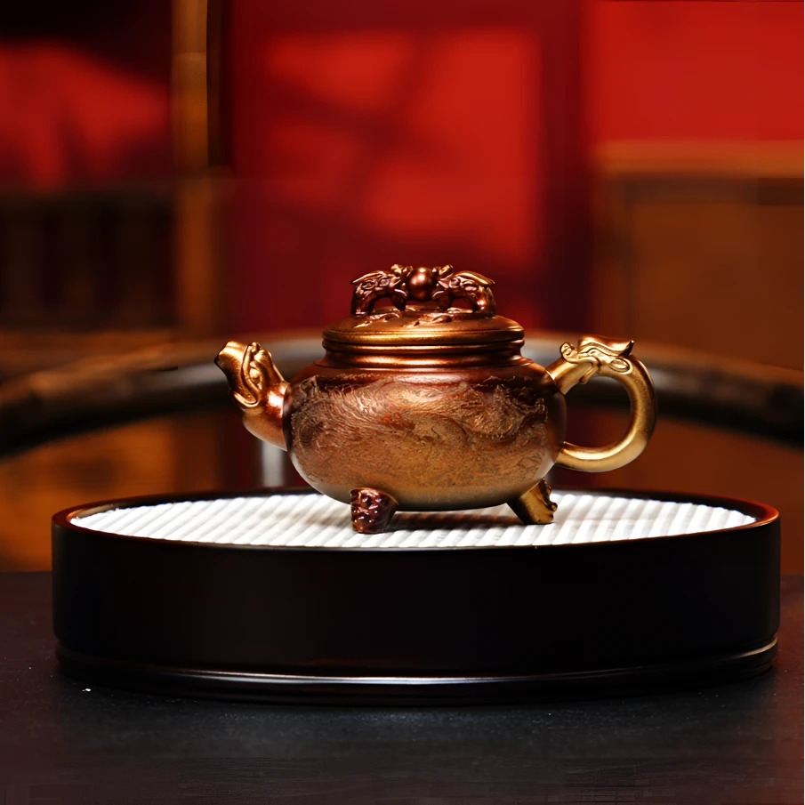 宜兴紫砂 三足龙尊 双龙戏珠 火焰贝壳烧