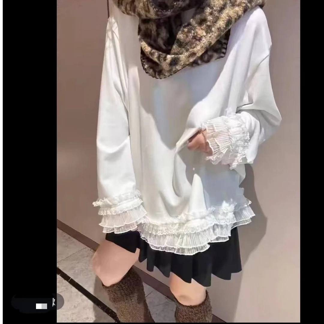 （媛媛严选）春季新款女装内搭叠穿拼接蕾丝花 边纯色百搭长袖T恤