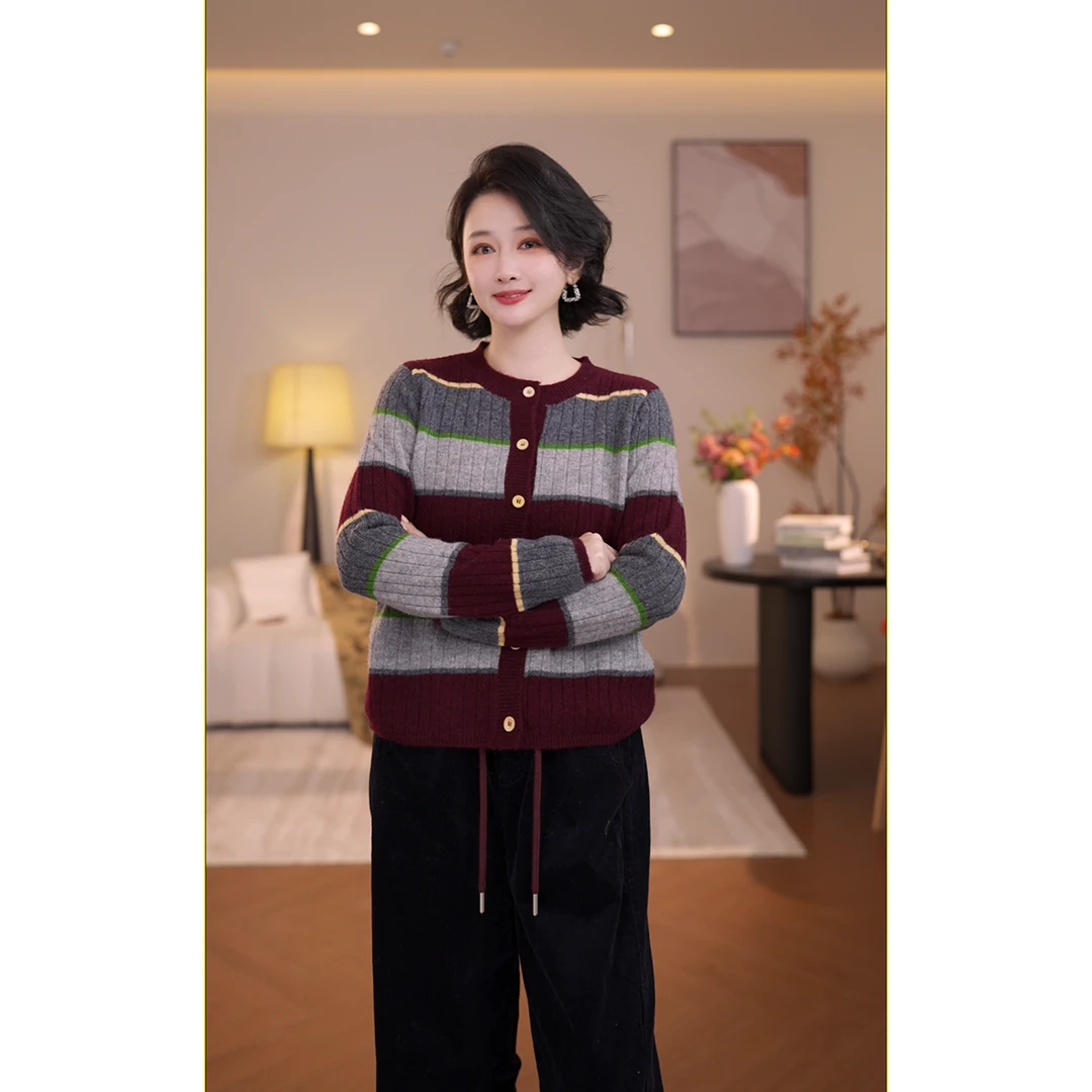 JIAJIA【幸运日】秋冬宽松慵懒风全羊毛拼色条纹针织开衫JQ510A45